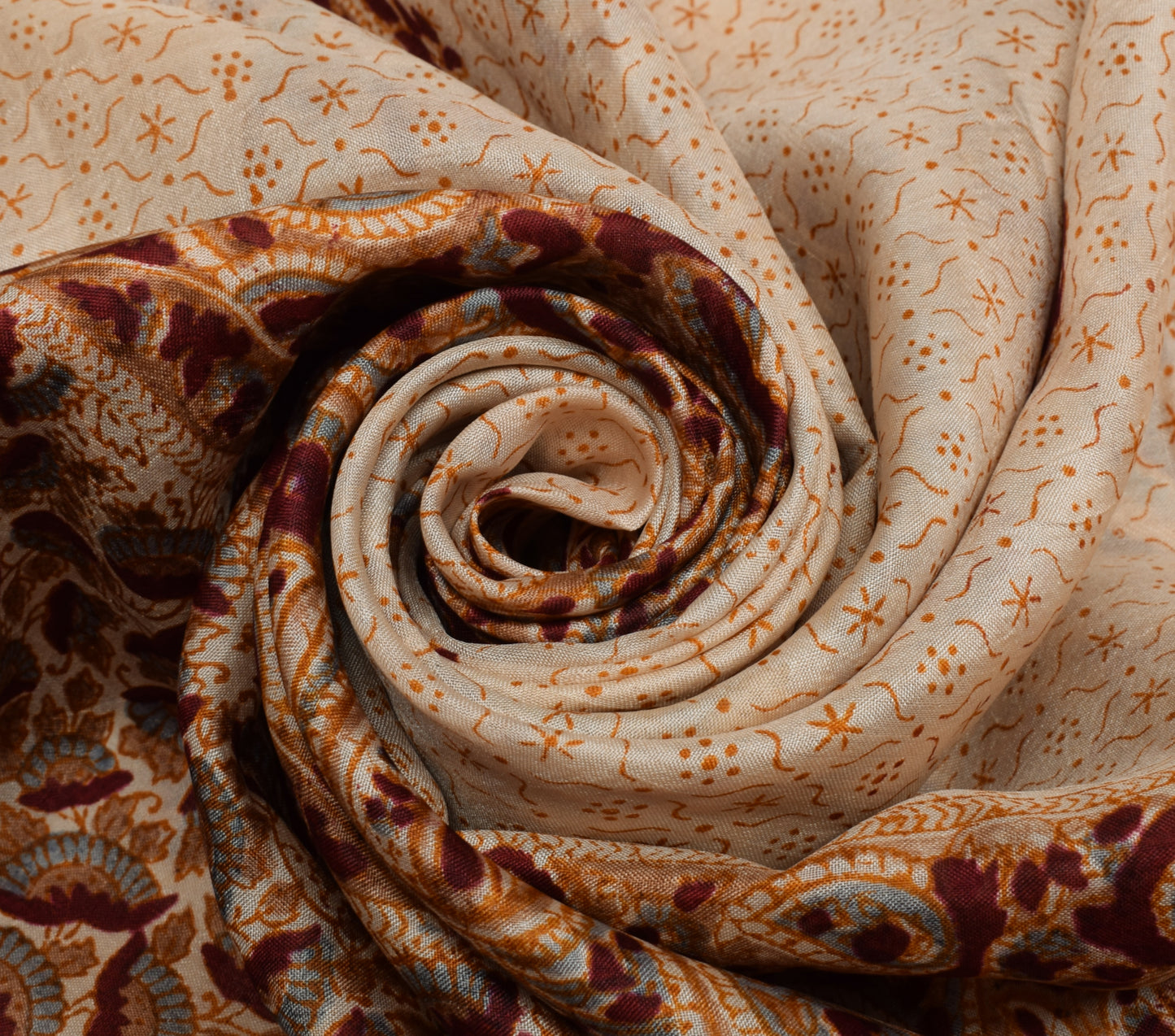 Sushila Vintage Cream Scrap Saree 100% Pure Silk Printed Sari 5 YD Craft Fabric