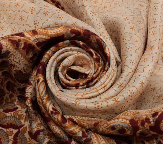 Sushila Vintage Cream Scrap Saree 100% Pure Silk Printed Sari 5 YD Craft Fabric