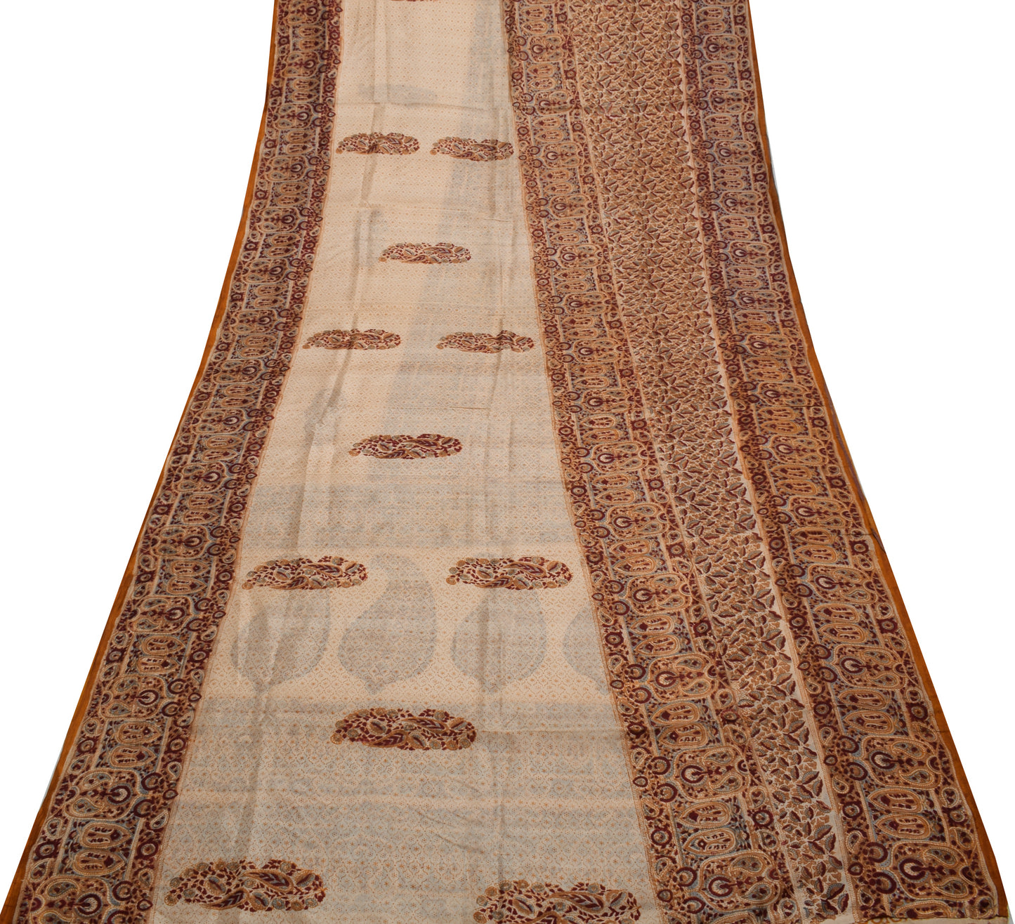Sushila Vintage Cream Scrap Saree 100% Pure Silk Printed Sari 5 YD Craft Fabric