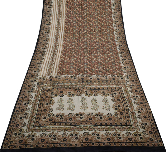 Sushila Vintage Brown Scrap Saree 100% Pure Silk Printed Floral Sari Fabric