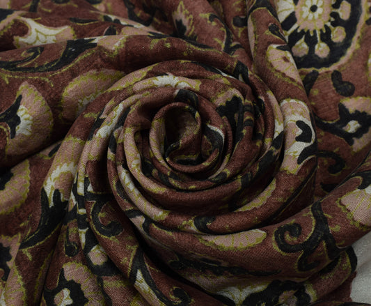 Sushila Vintage Brown Scrap Saree 100% Pure Silk Printed Floral Sari Fabric