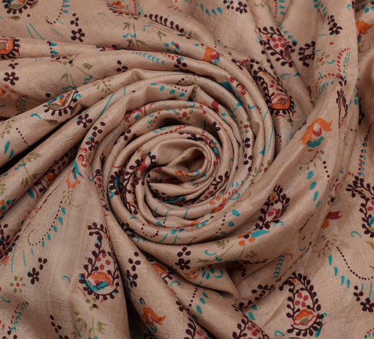 Sushila Vintage Brown Scrap Saree 100% Pure Silk Printed Paisley Sari Fabric