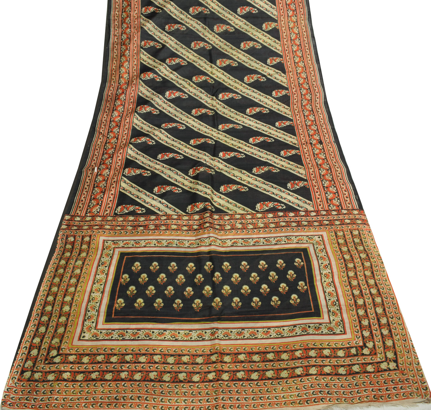 Sushila Vintage Black Scrap Saree 100% Pure Silk Printed Pailsey Sari Fabric