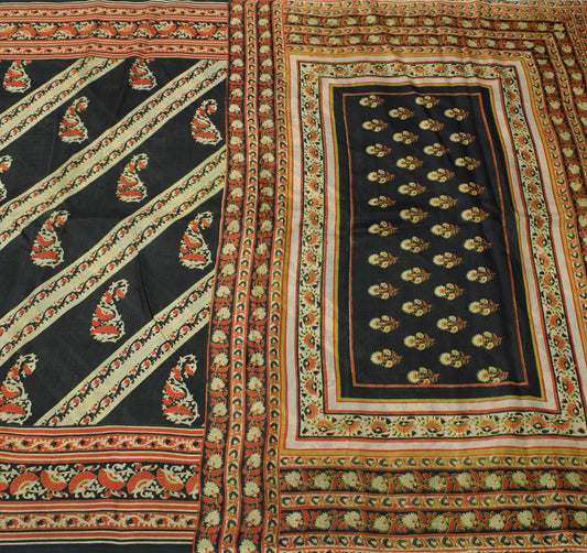 Sushila Vintage Black Scrap Saree 100% Pure Silk Printed Pailsey Sari Fabric
