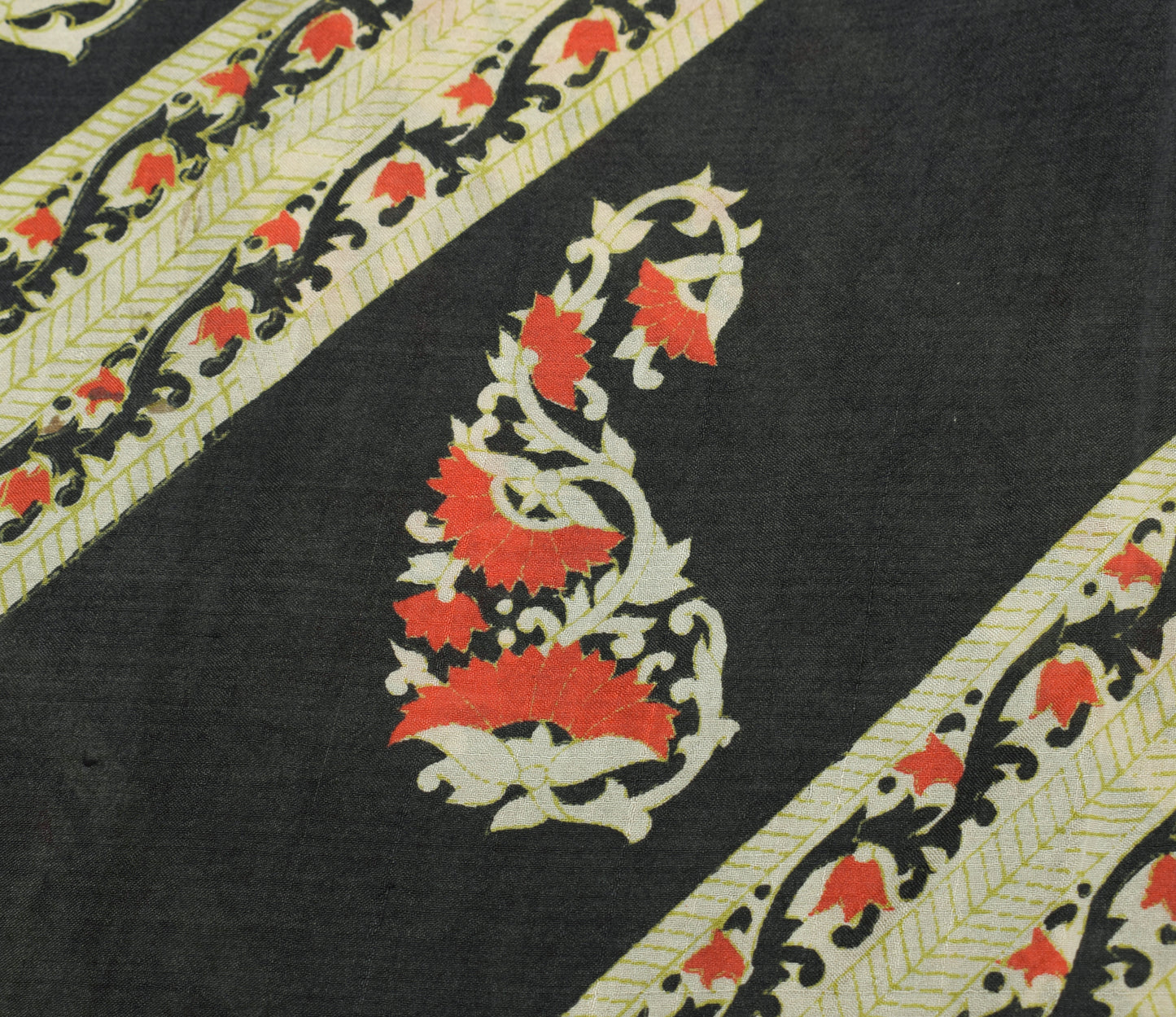 Sushila Vintage Black Scrap Saree 100% Pure Silk Printed Pailsey Sari Fabric