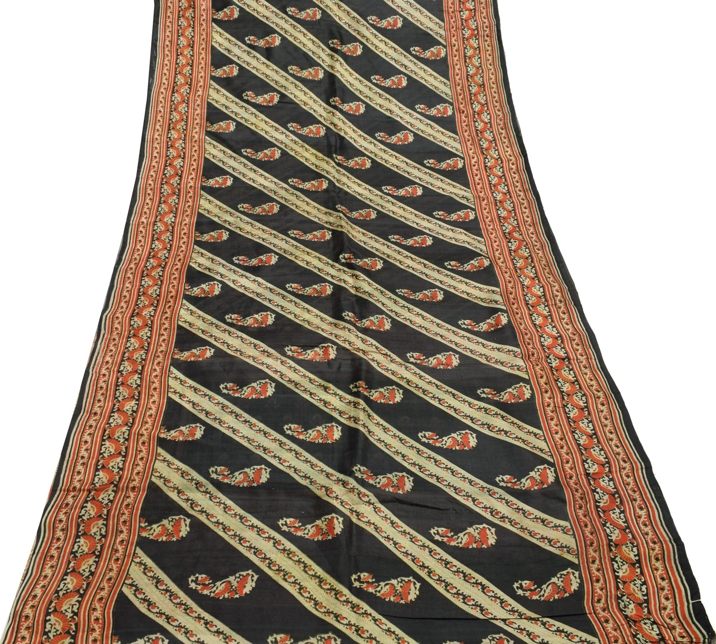 Sushila Vintage Black Scrap Saree 100% Pure Silk Printed Pailsey Sari Fabric