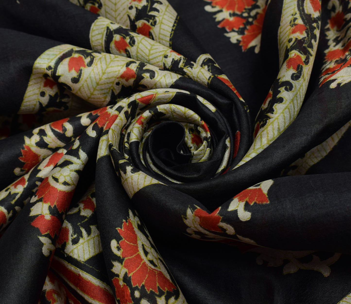 Sushila Vintage Black Scrap Saree 100% Pure Silk Printed Pailsey Sari Fabric