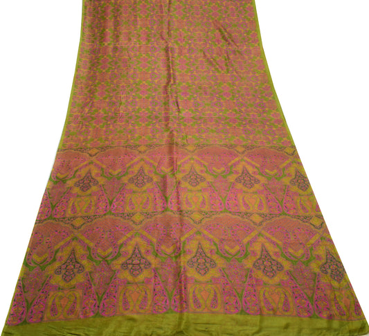 Sushila Vintage Green Scrap Saree 100%Pure Silk Printed Floral Sari Craft Fabric