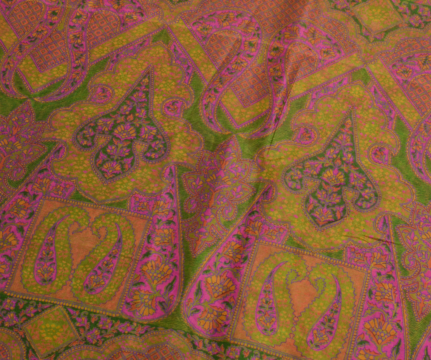 Sushila Vintage Green Scrap Saree 100%Pure Silk Printed Floral Sari Craft Fabric