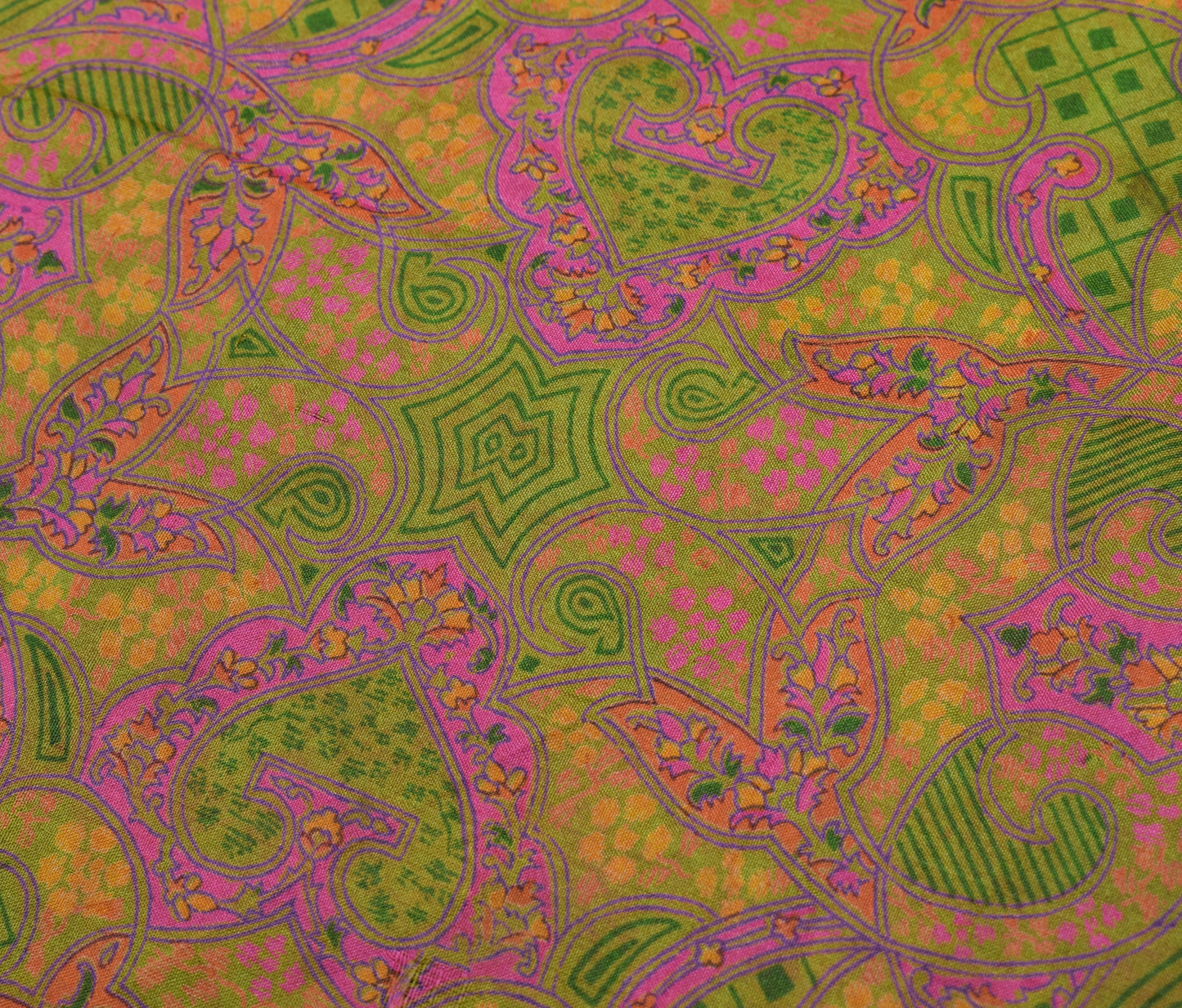 Sushila Vintage Green Scrap Saree 100%Pure Silk Printed Floral Sari Craft Fabric