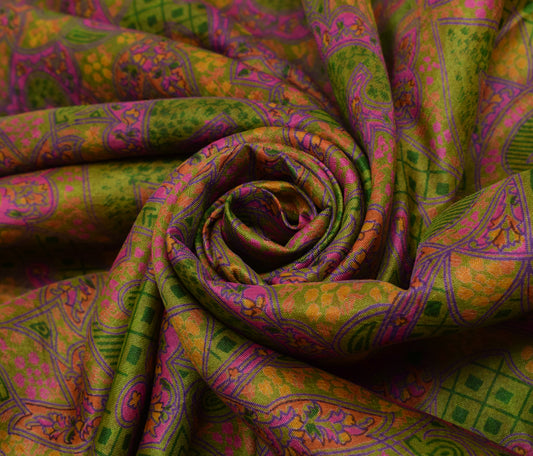 Sushila Vintage Green Scrap Saree 100%Pure Silk Printed Floral Sari Craft Fabric