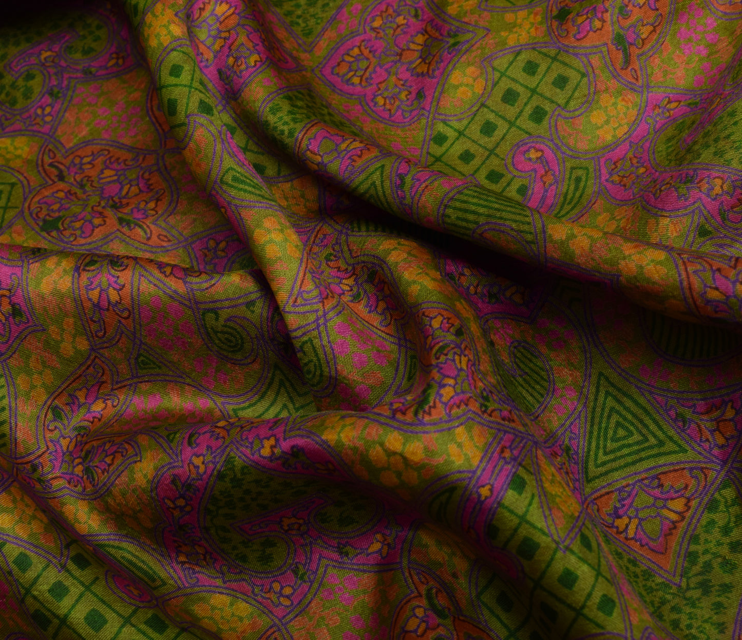 Sushila Vintage Green Scrap Saree 100%Pure Silk Printed Floral Sari Craft Fabric