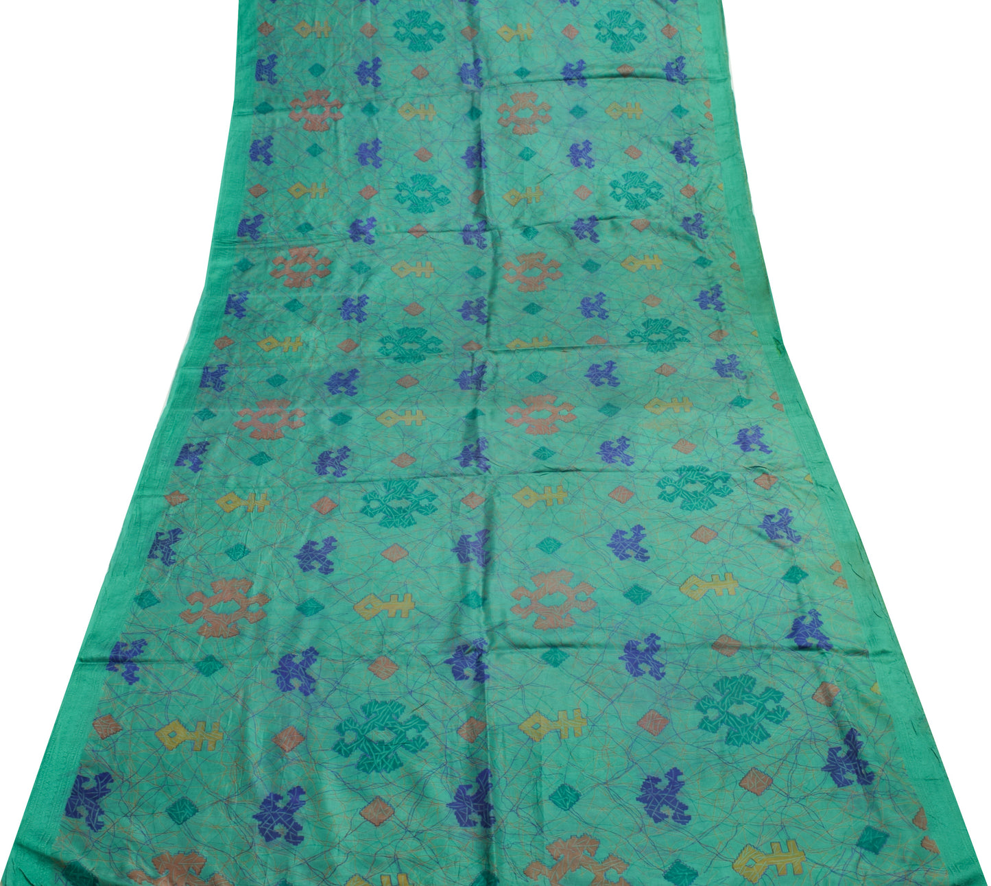 Sushila Vintage Green Scrap Saree 100% Pure Silk Printed Soft Sari Craft Fabric