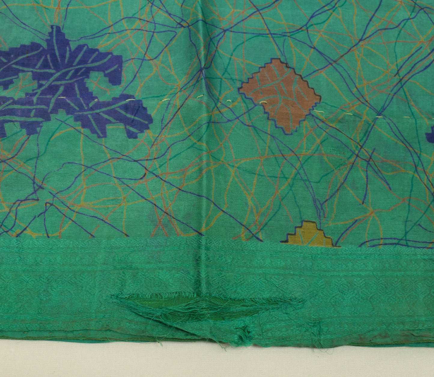 Sushila Vintage Green Scrap Saree 100% Pure Silk Printed Soft Sari Craft Fabric