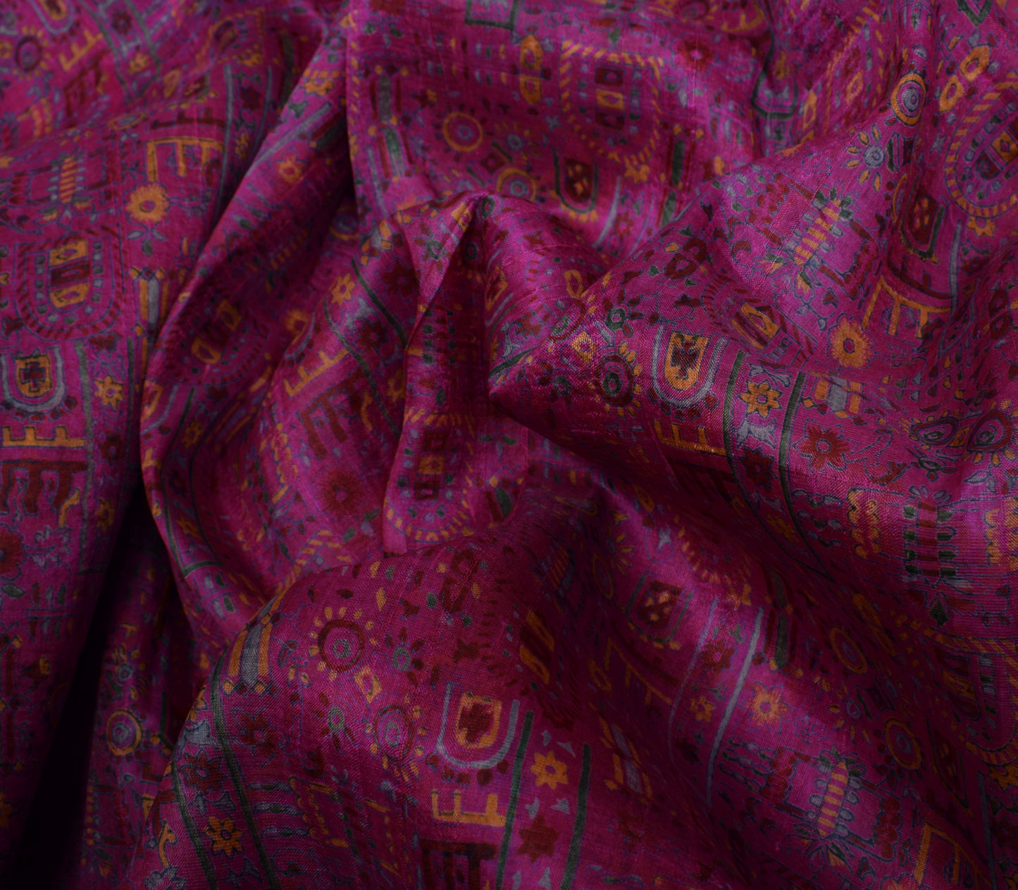 Sushila Vintage Magenta Scrap Saree 100% Pure Silk Printed Floral Sari Fabric