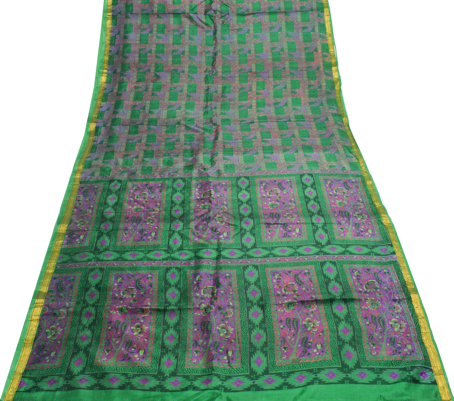 Sushila Vintage Green Scrap Saree 100%Pure Silk Printed Floral Sari Craft Fabric