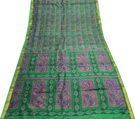 Sushila Vintage Green Scrap Saree 100%Pure Silk Printed Floral Sari Craft Fabric