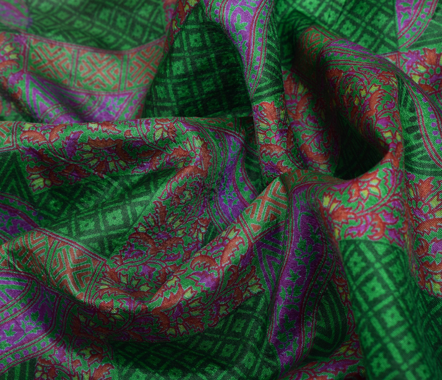Sushila Vintage Green Scrap Saree 100%Pure Silk Printed Floral Sari Craft Fabric