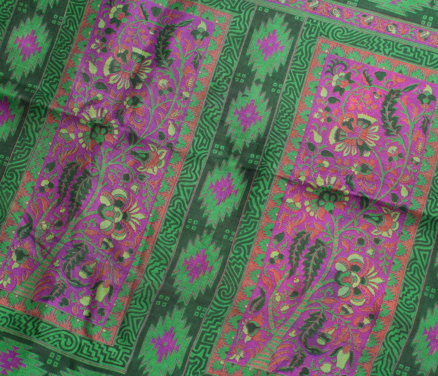 Sushila Vintage Green Scrap Saree 100%Pure Silk Printed Floral Sari Craft Fabric