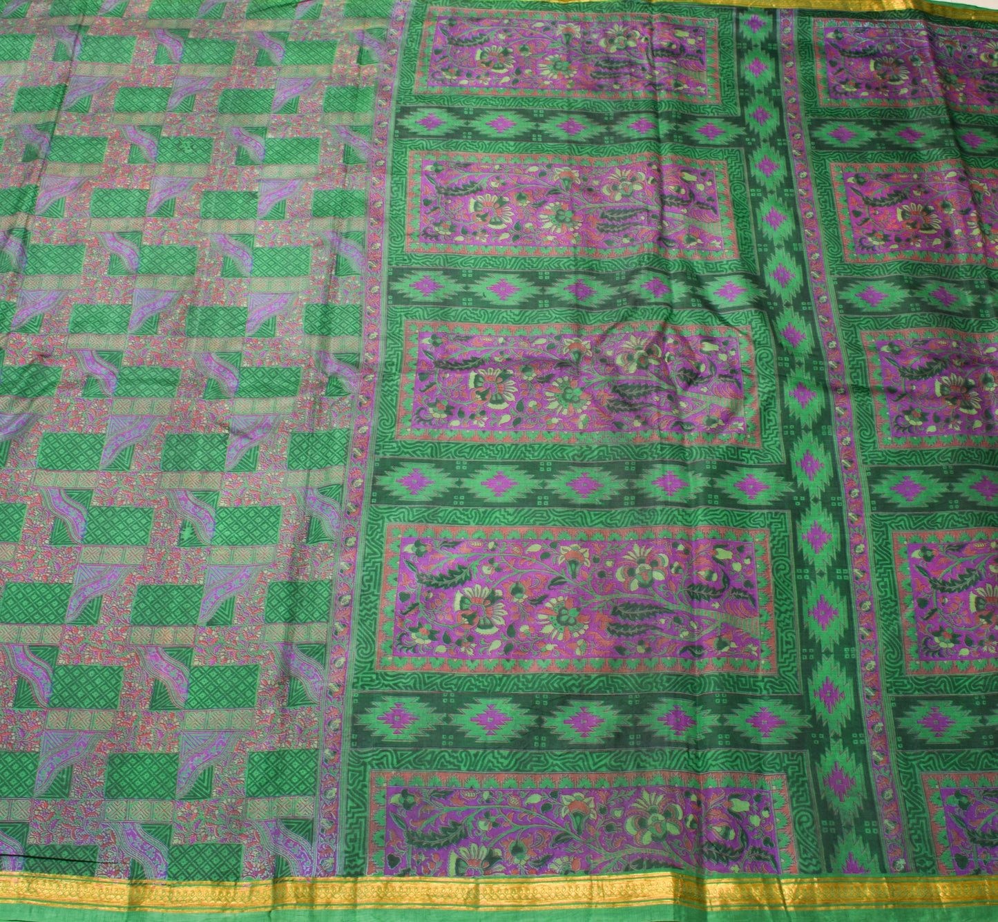Sushila Vintage Green Scrap Saree 100%Pure Silk Printed Floral Sari Craft Fabric