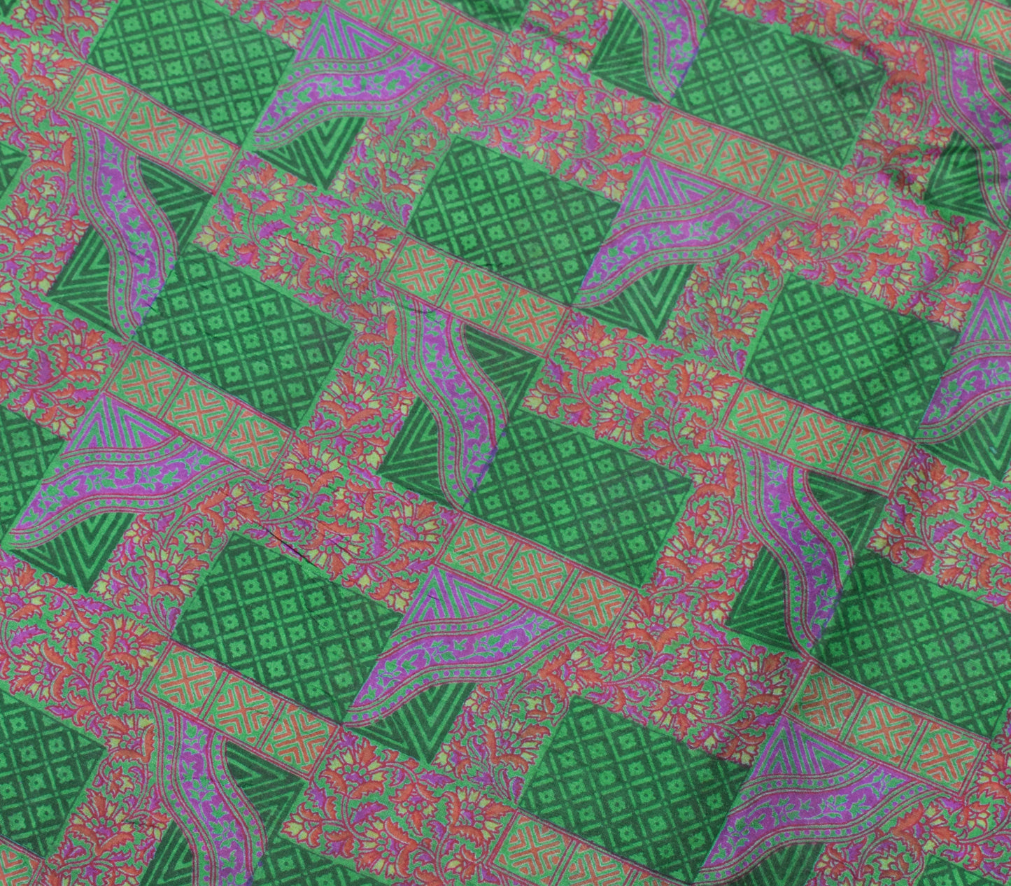 Sushila Vintage Green Scrap Saree 100%Pure Silk Printed Floral Sari Craft Fabric