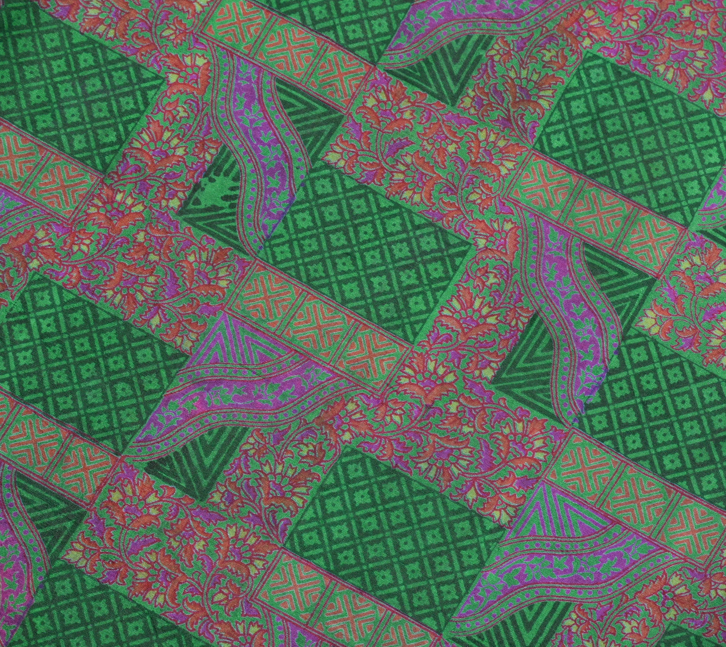 Sushila Vintage Green Scrap Saree 100%Pure Silk Printed Floral Sari Craft Fabric