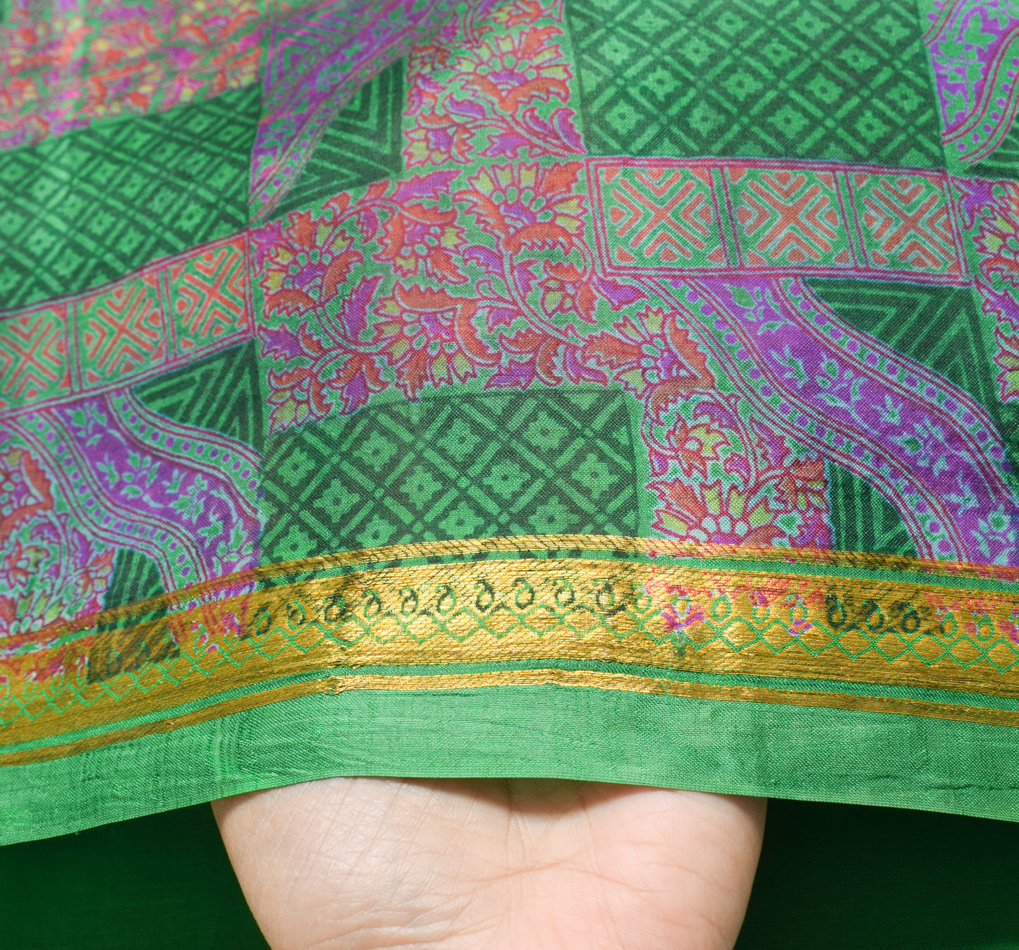 Sushila Vintage Green Scrap Saree 100%Pure Silk Printed Floral Sari Craft Fabric