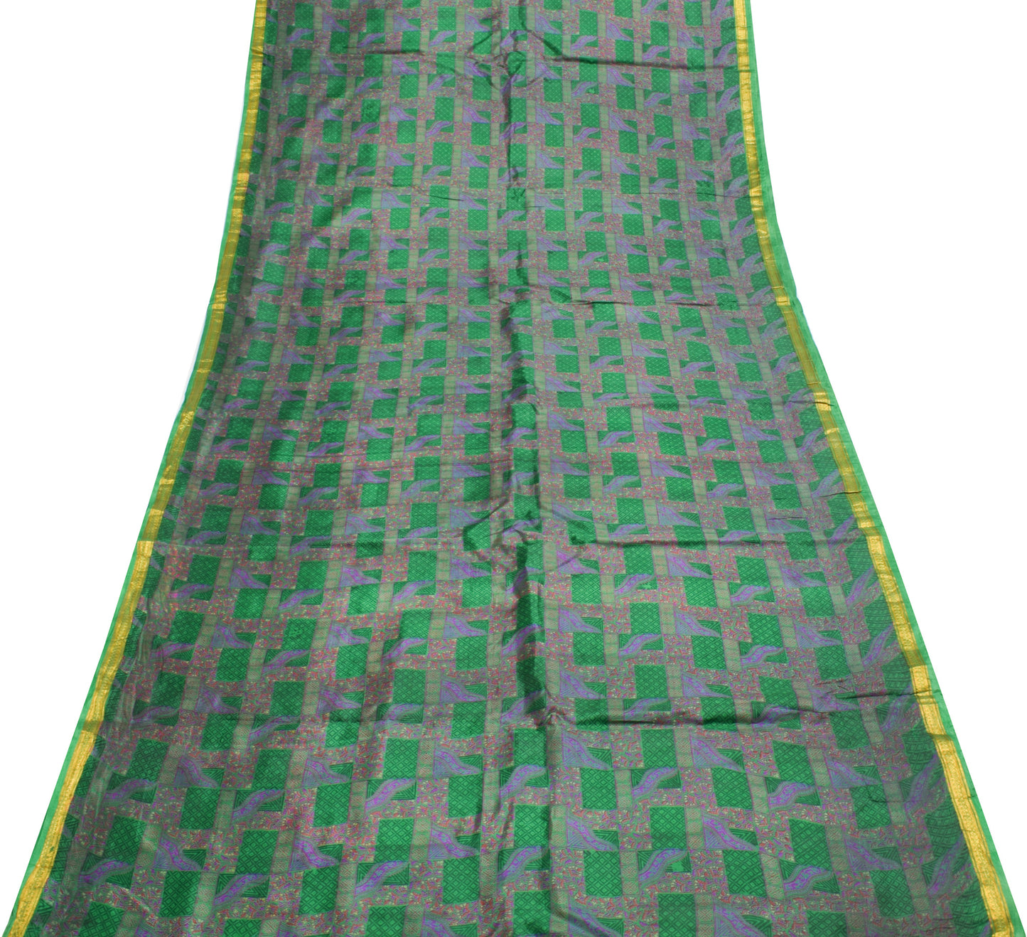 Sushila Vintage Green Scrap Saree 100%Pure Silk Printed Floral Sari Craft Fabric