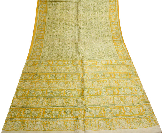 Sushila Vintage Cream Scrap Saree 100% Pure Silk Printed Animals Sari Fabric