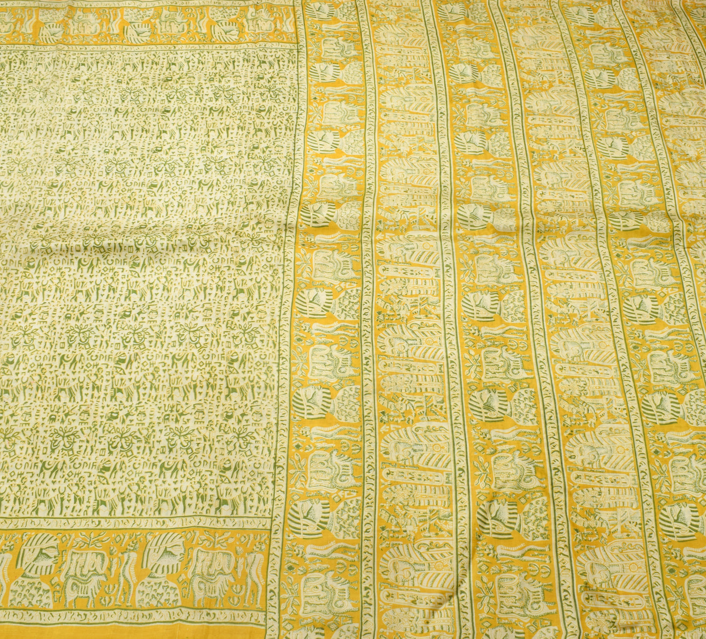 Sushila Vintage Cream Scrap Saree 100% Pure Silk Printed Animals Sari Fabric