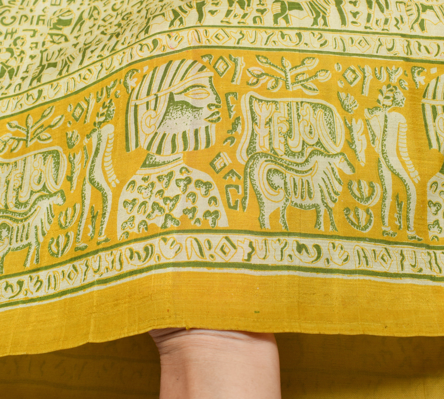 Sushila Vintage Cream Scrap Saree 100% Pure Silk Printed Animals Sari Fabric