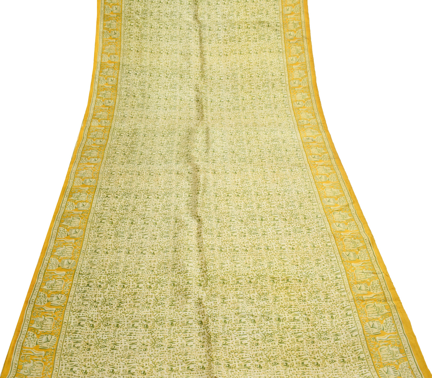 Sushila Vintage Cream Scrap Saree 100% Pure Silk Printed Animals Sari Fabric