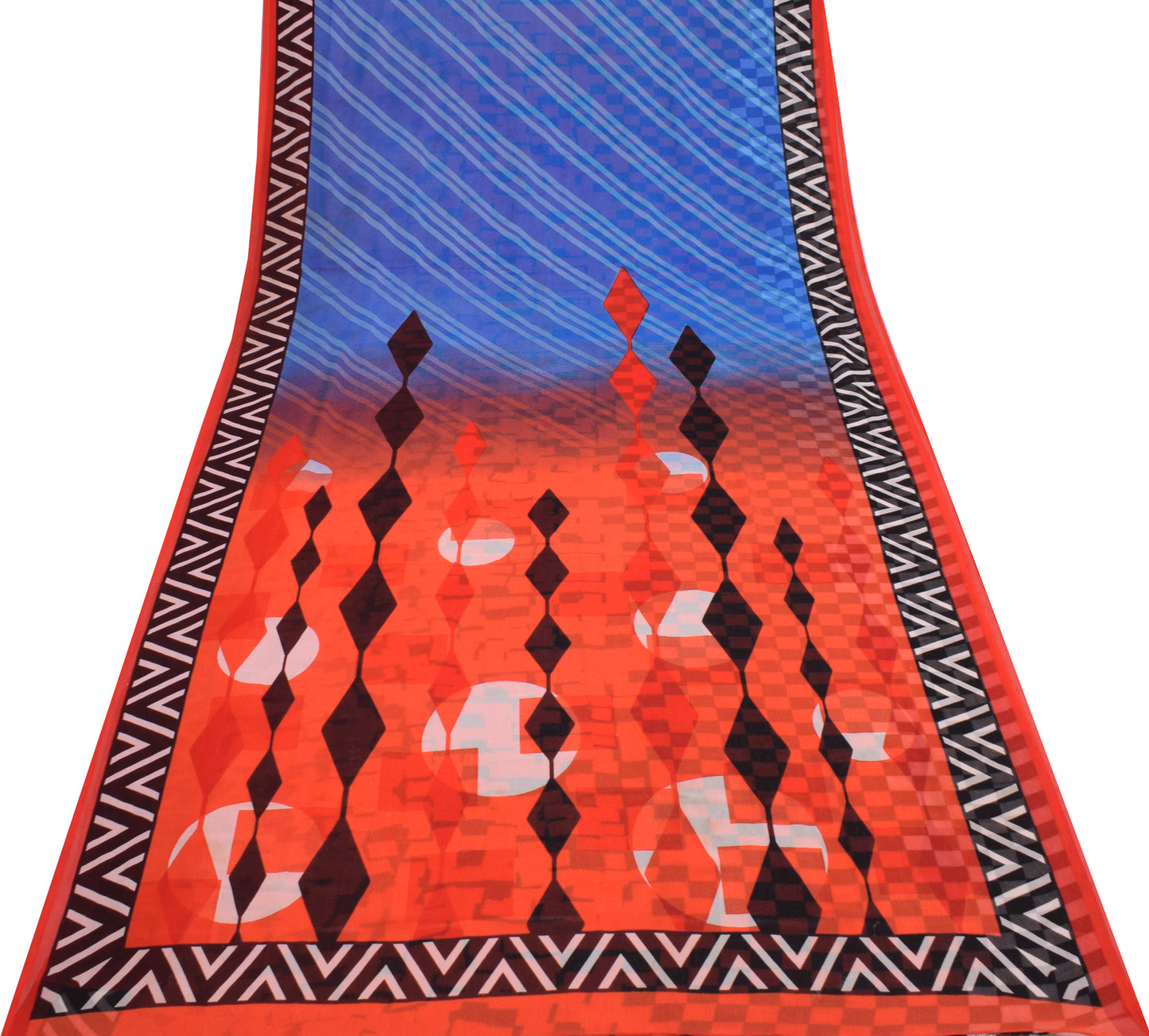 Sushila Vintage Blue & Orange Scrap Saree Blend Georgette Printed Sari Fabric