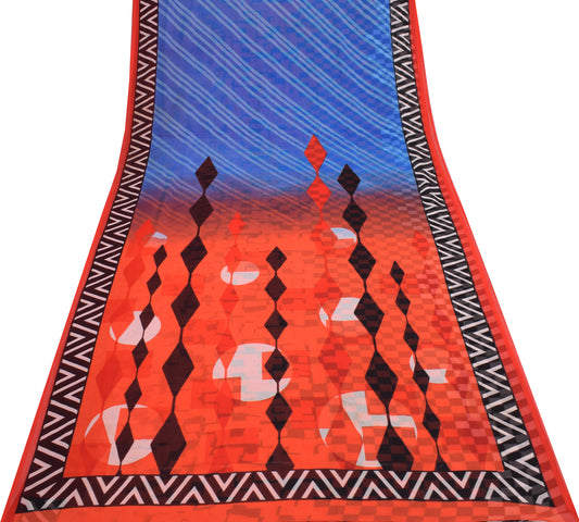 Sushila Vintage Blue & Orange Scrap Saree Blend Georgette Printed Sari Fabric