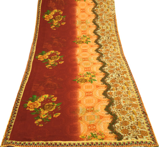 Sushila Vintage Red Scrap Saree Blend Georgette Silk Printed Floral Sari Fabric