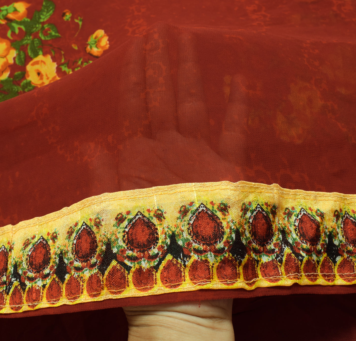 Sushila Vintage Red Scrap Saree Blend Georgette Silk Printed Floral Sari Fabric