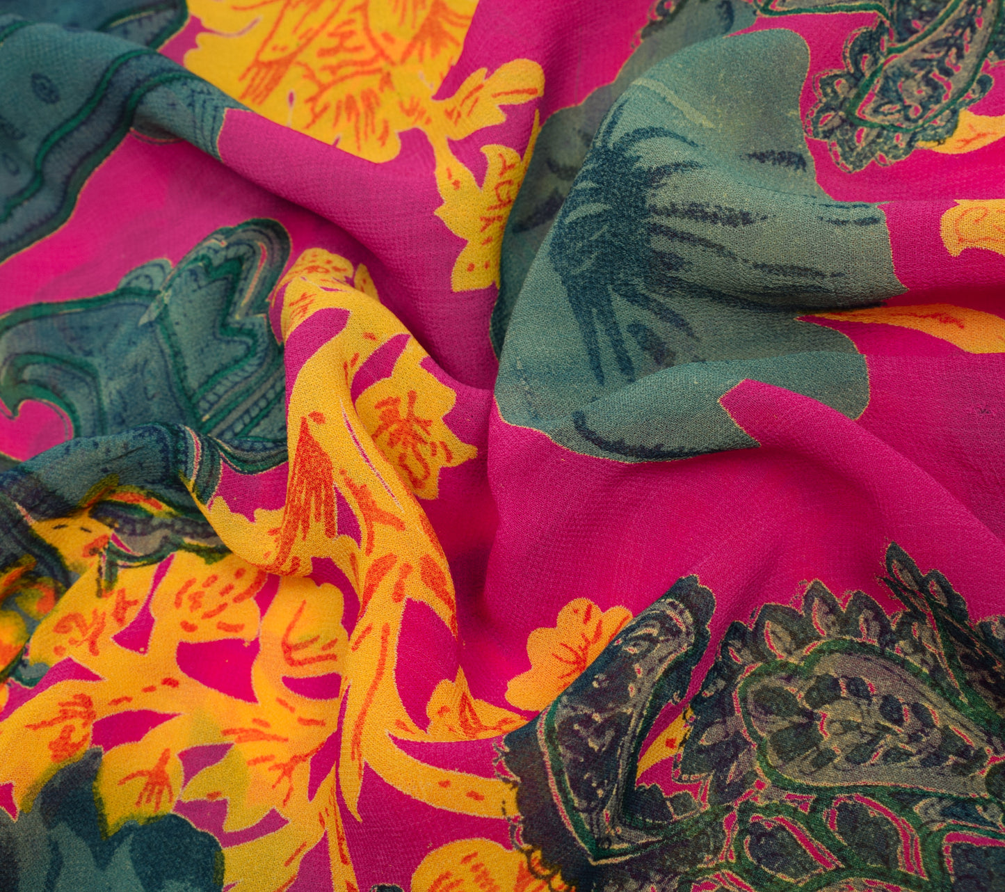 Sushila Vintage Fuchsia Scrap Saree Georgette Silk Printed Floral Sari Fabric