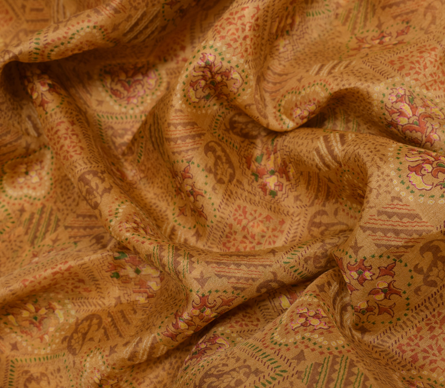 Sushila Vintage Brown Scrap Saree 100%Pure Silk Printed Floral Sari Craft Fabric
