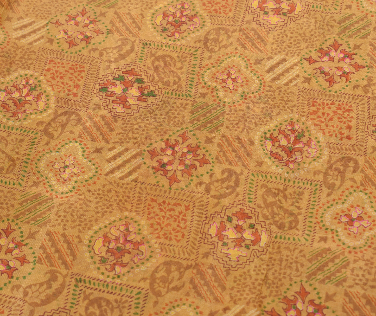 Sushila Vintage Brown Scrap Saree 100%Pure Silk Printed Floral Sari Craft Fabric