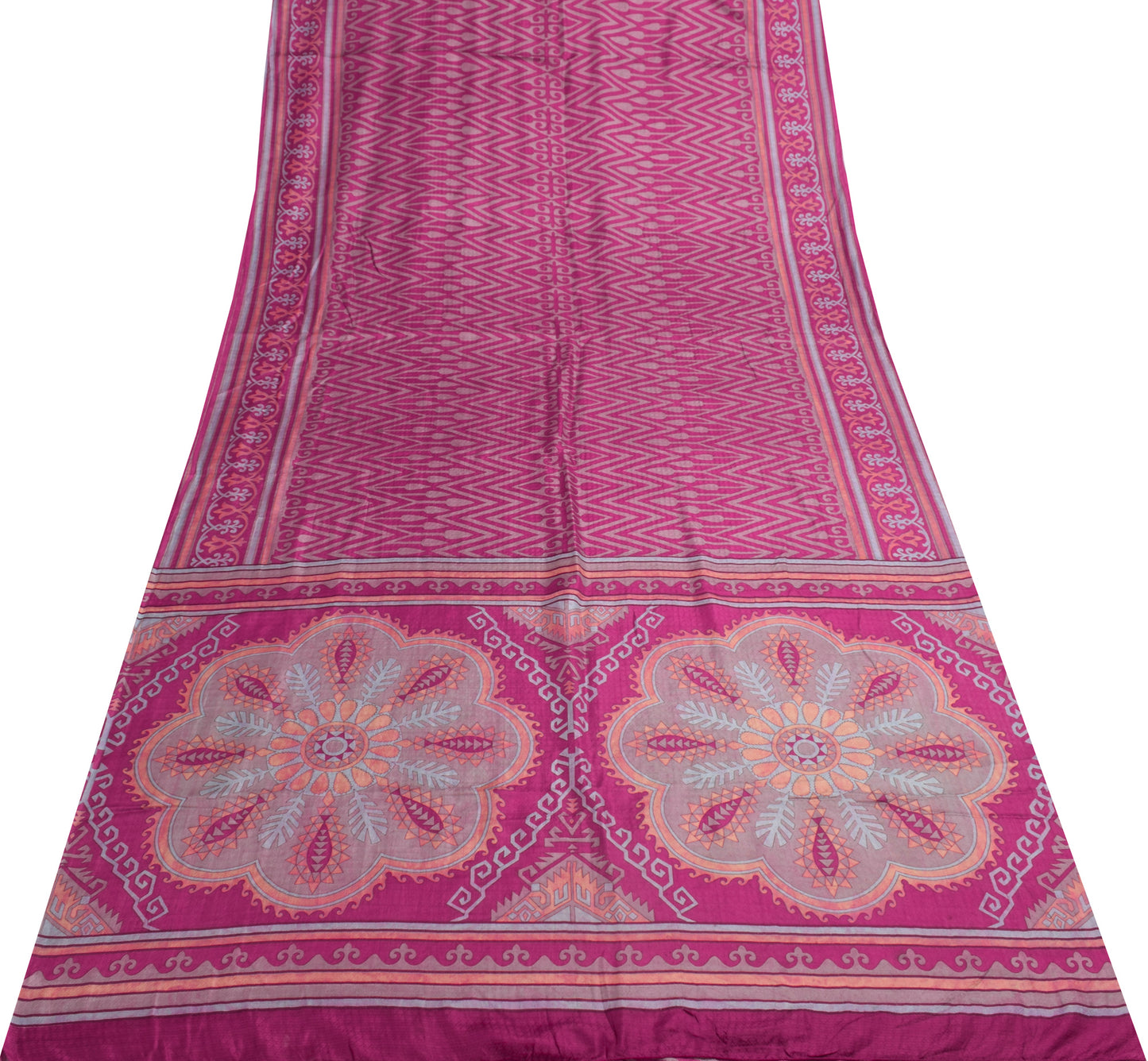 Sushila Vintage Magenta Scrap Saree 100% Pure Silk Printed Zig-Zag Sari Fabric