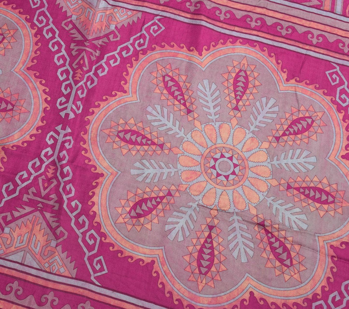 Sushila Vintage Magenta Scrap Saree 100% Pure Silk Printed Zig-Zag Sari Fabric