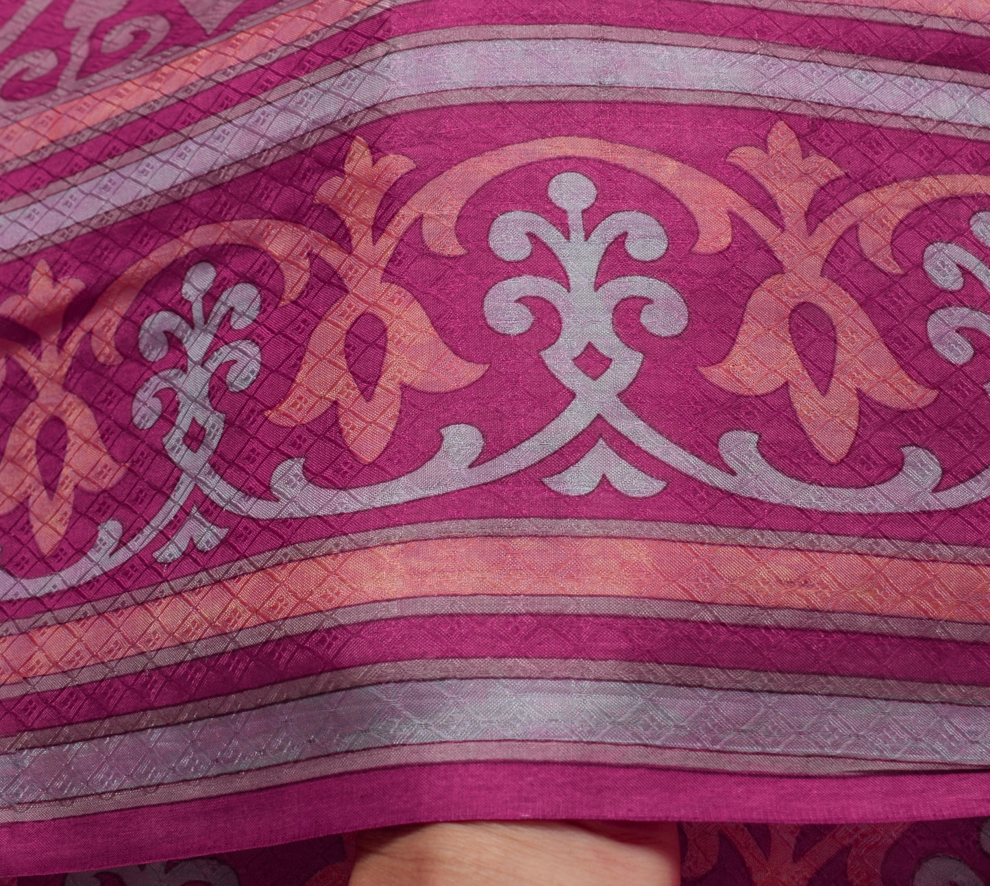 Sushila Vintage Magenta Scrap Saree 100% Pure Silk Printed Zig-Zag Sari Fabric