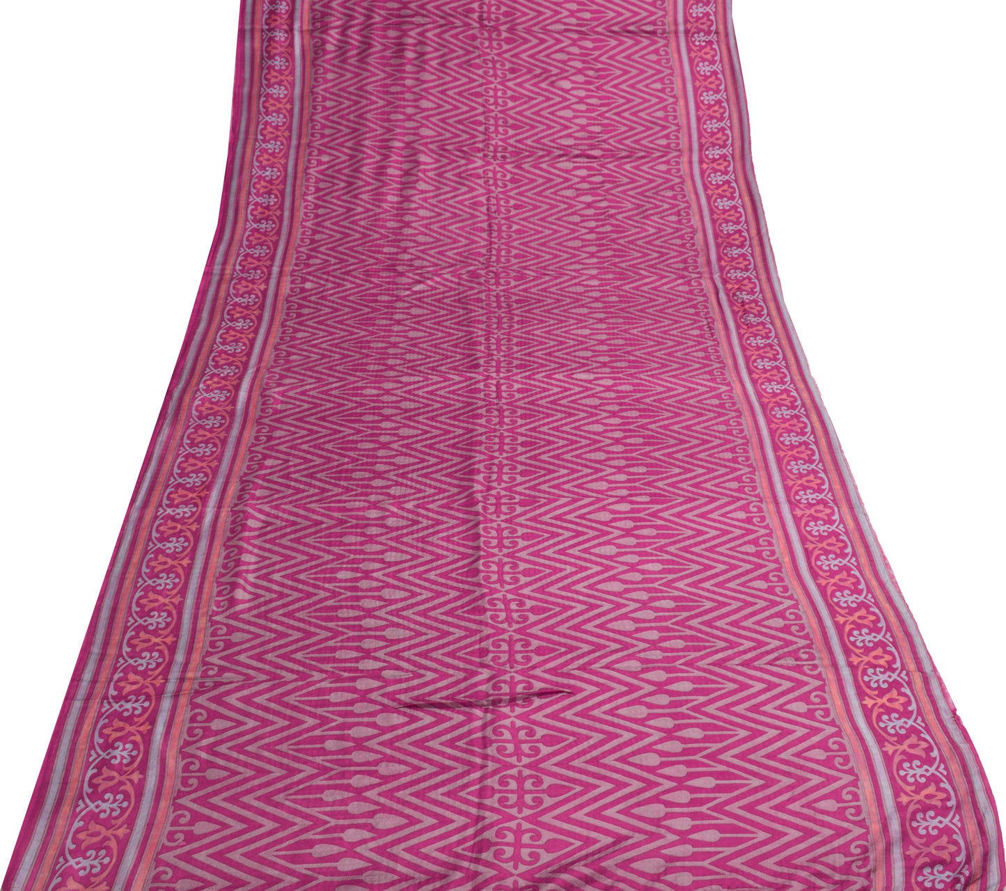 Sushila Vintage Magenta Scrap Saree 100% Pure Silk Printed Zig-Zag Sari Fabric