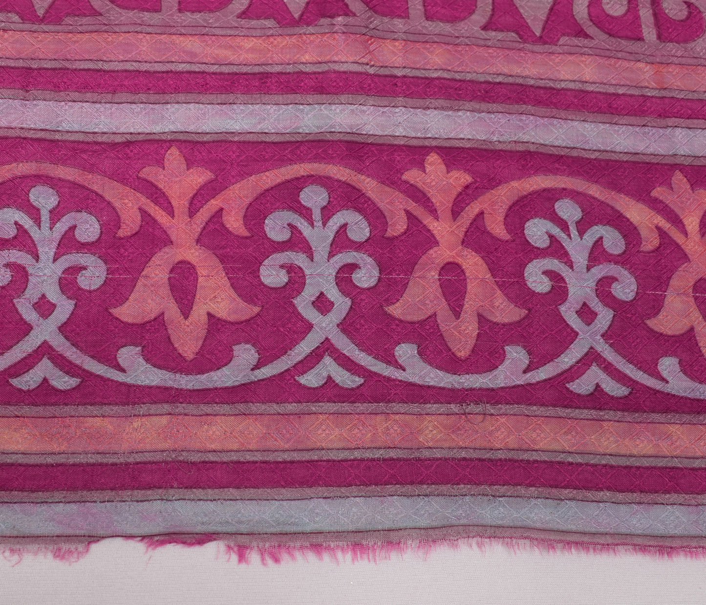 Sushila Vintage Magenta Scrap Saree 100% Pure Silk Printed Zig-Zag Sari Fabric