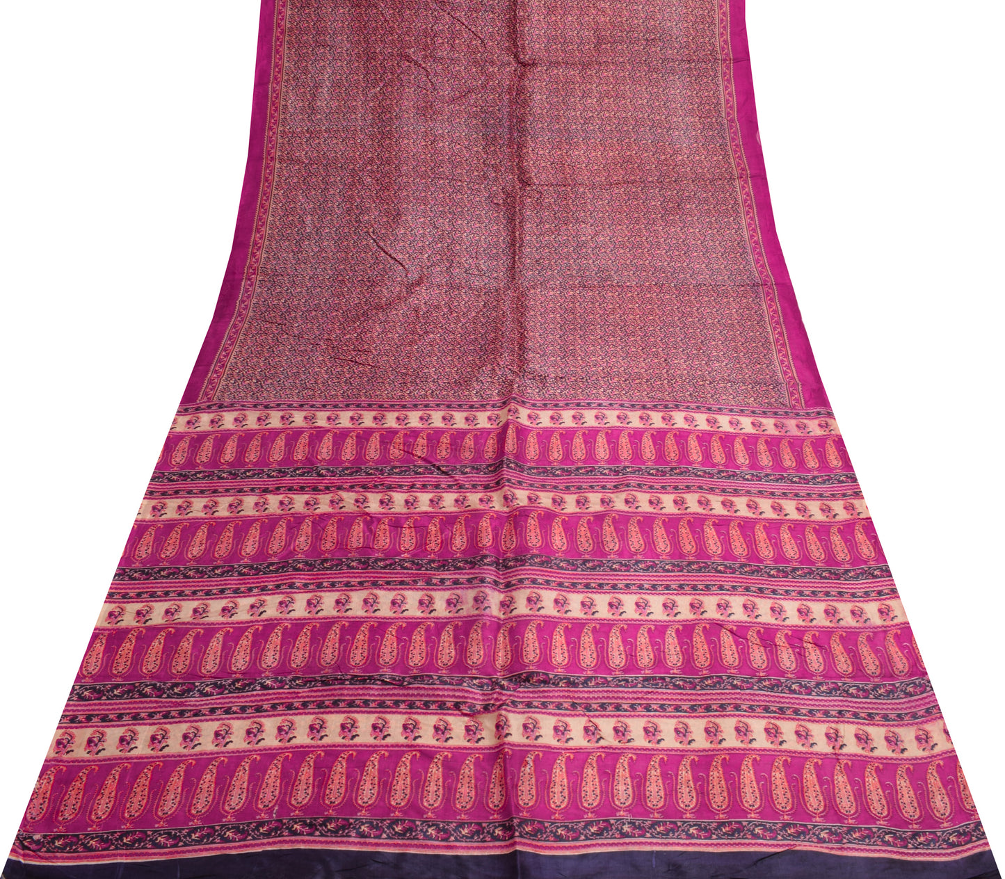 Sushila Vintage Dark Blue Scrap Saree 100% Pure Silk Printed Sari Craft Fabric