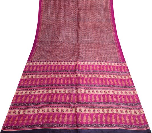 Sushila Vintage Dark Blue Scrap Saree 100% Pure Silk Printed Sari Craft Fabric