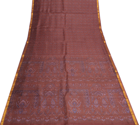 Sushila Vintage Brown Scrap Saree 100%Pure Silk Printed Paisley 5 YD Sari Fabric