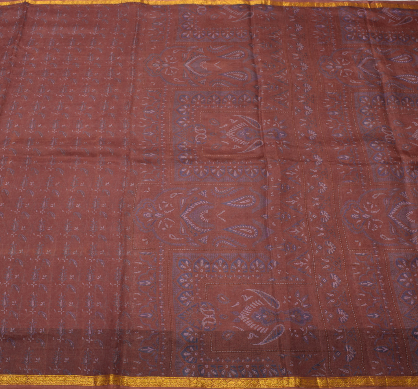 Sushila Vintage Brown Scrap Saree 100%Pure Silk Printed Paisley 5 YD Sari Fabric