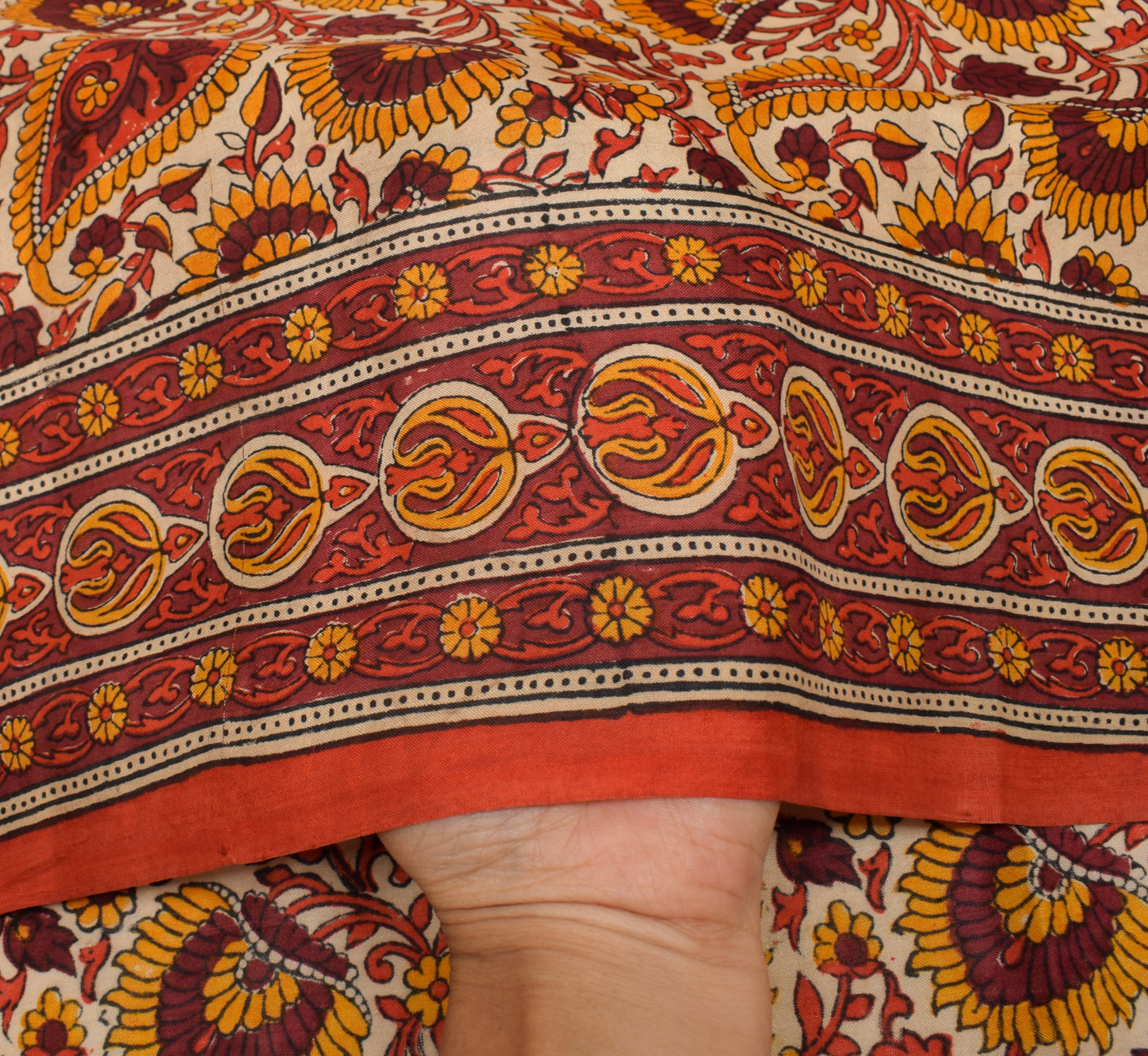 Sushila Vintage Beige Scrap Saree 100%Pure Silk Hand Block Printed Sari Fabric