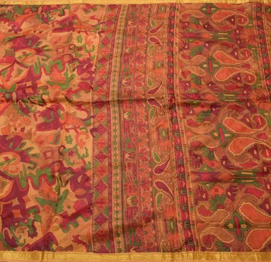 Sushila Vintage Multi- Color Scrap Saree 100%Pure Silk Printed Sari Craft Fabric
